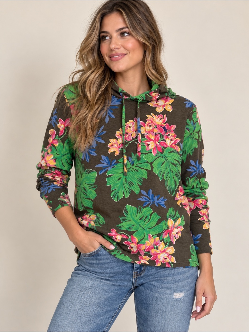 Polo by Ralph Lauren Olive Floral Hooded Sweatshirt with Bright Blooms